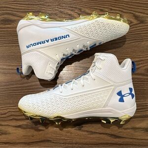 Size 15 Under Armour Spine Hammer MC Football Cleats White/Blue/Gold NEW